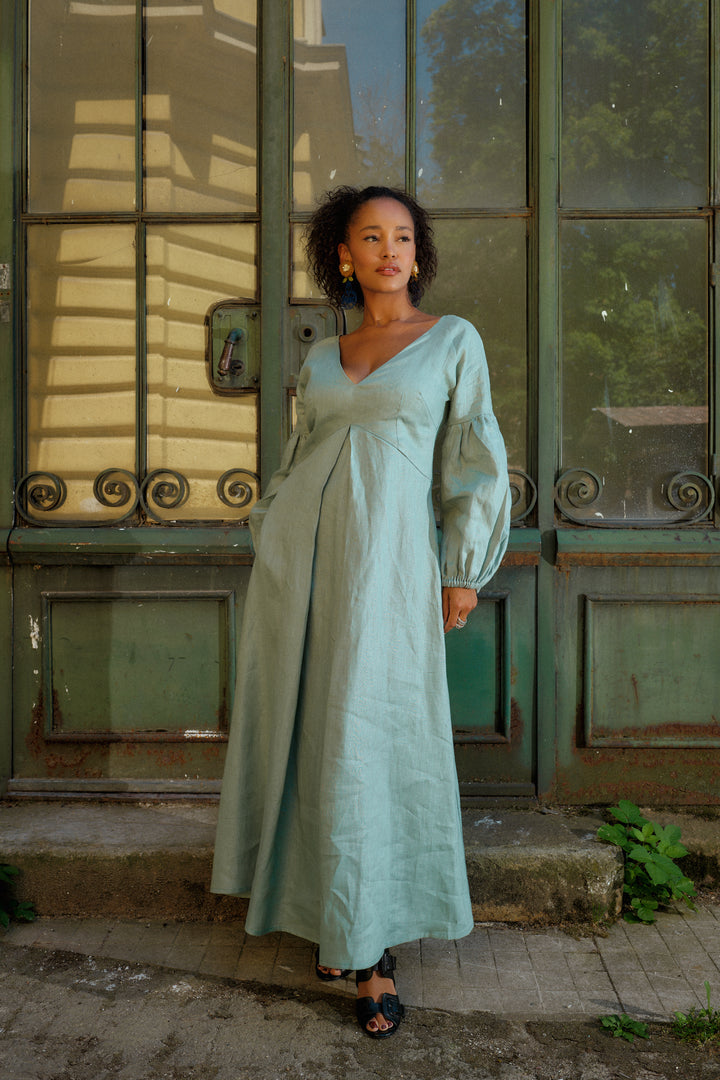 Puff Sleeve Linen Maxi Dress