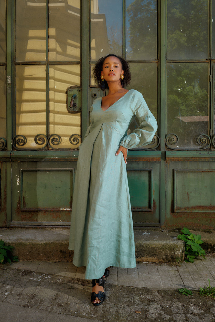 Puff Sleeve Linen Maxi Dress