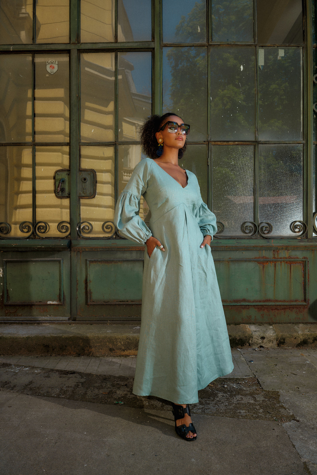 Puff Sleeve Linen Maxi Dress