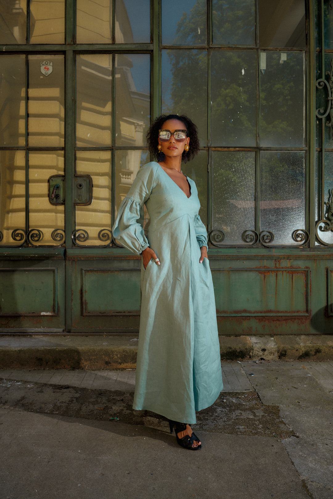 Puff Sleeve Linen Maxi Dress