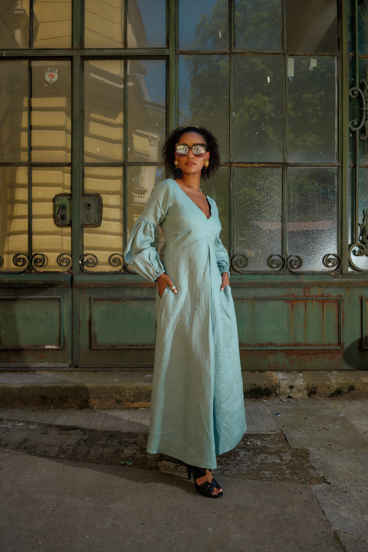 Puff Sleeve Linen Maxi Dress