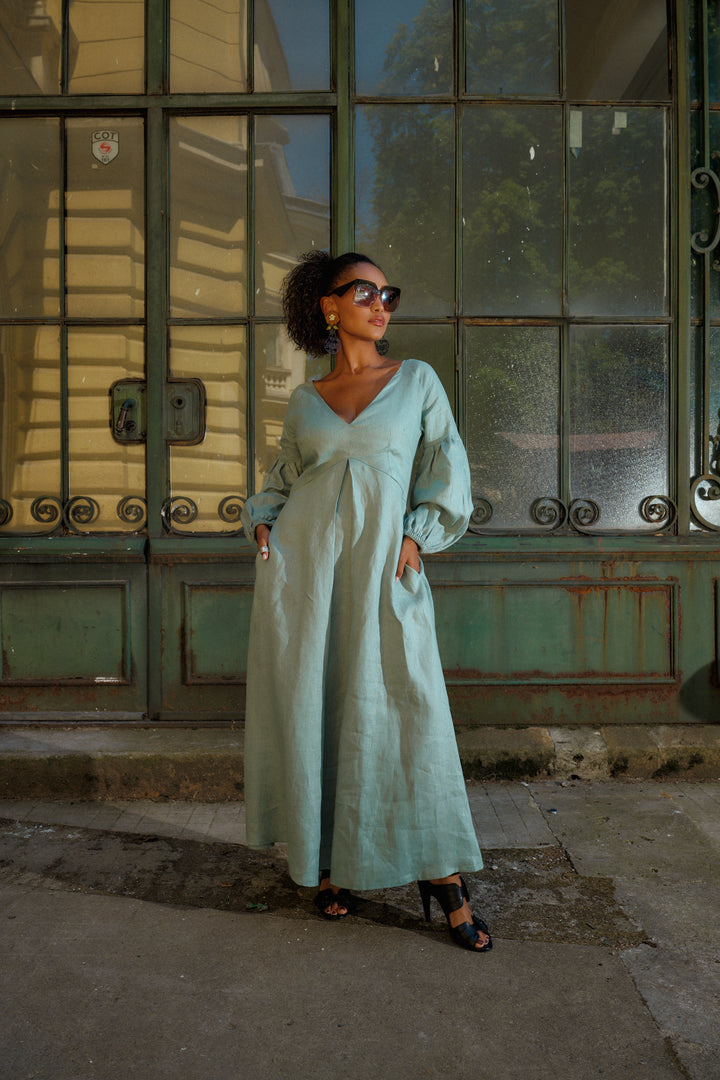 Puff Sleeve Linen Maxi Dress