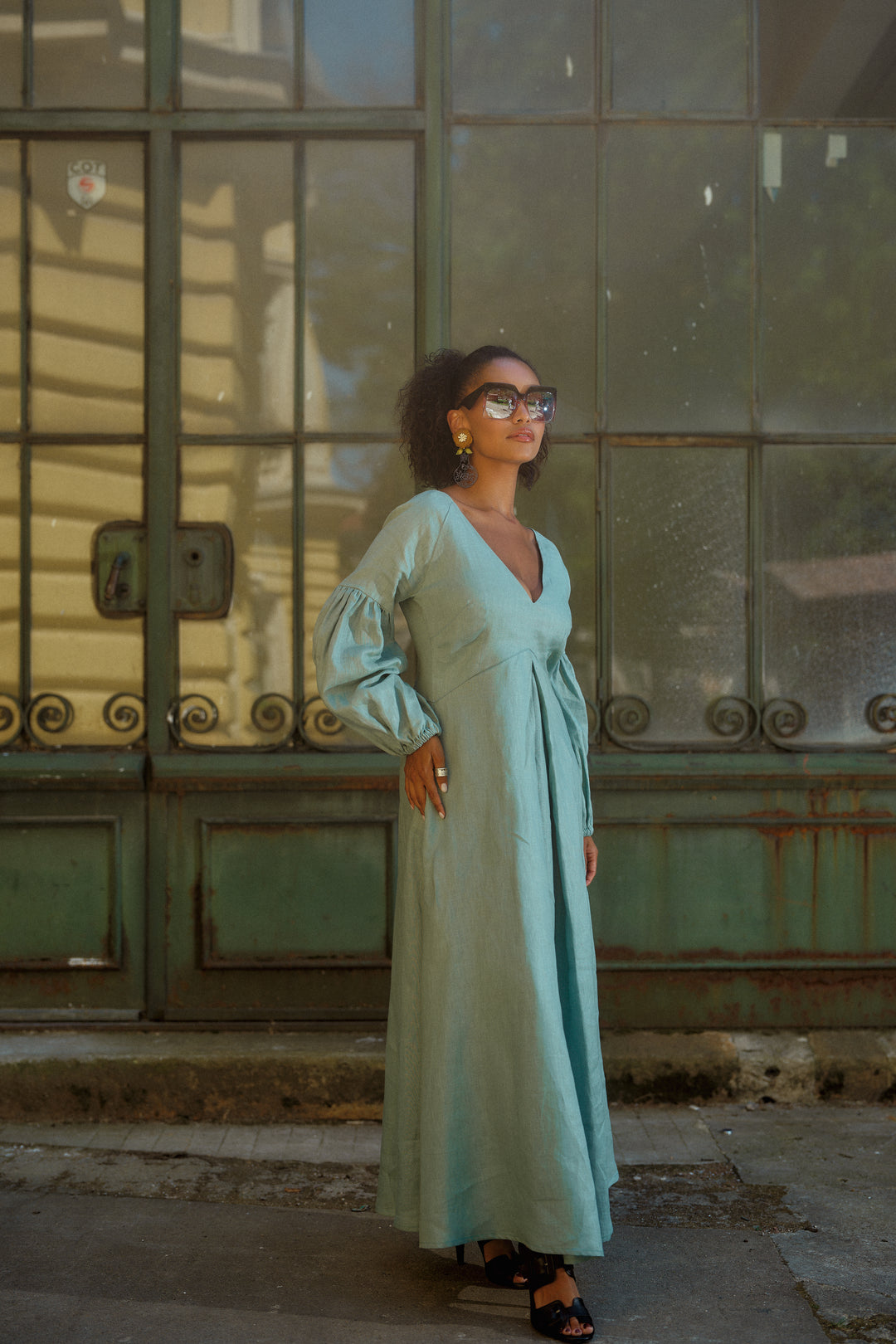 Puff Sleeve Linen Maxi Dress