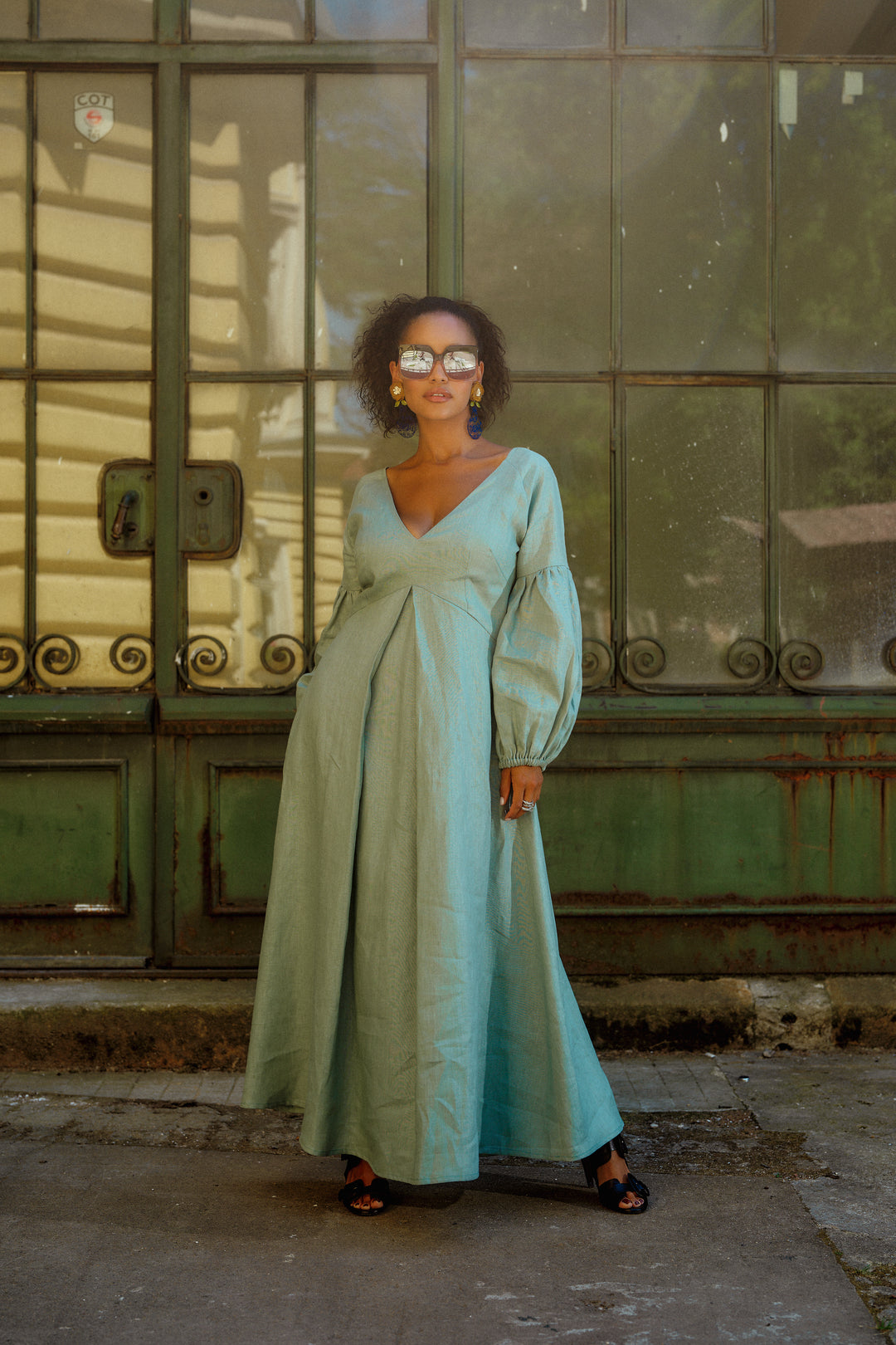 Puff Sleeve Linen Maxi Dress