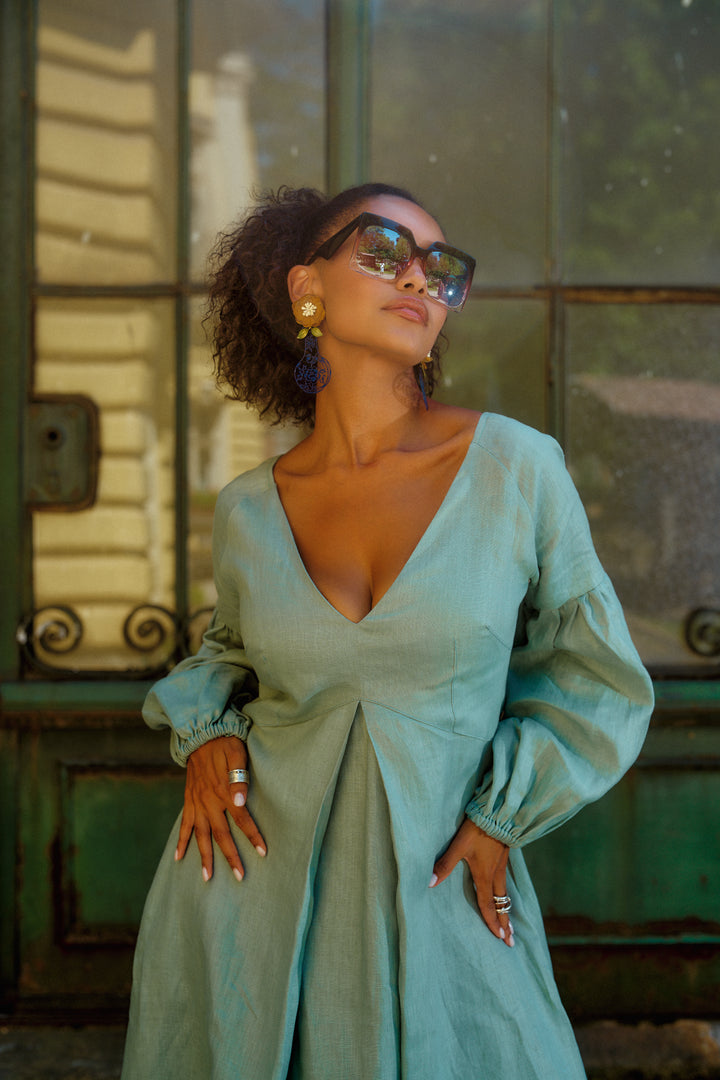 Puff Sleeve Linen Maxi Dress