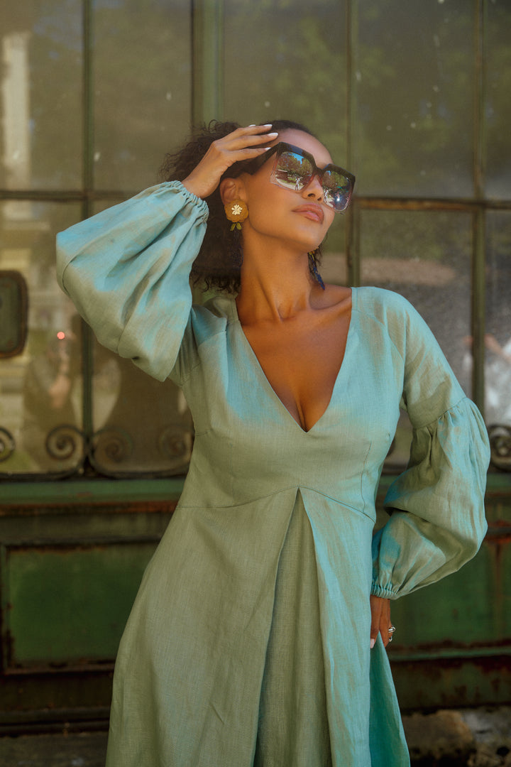 Puff Sleeve Linen Maxi Dress