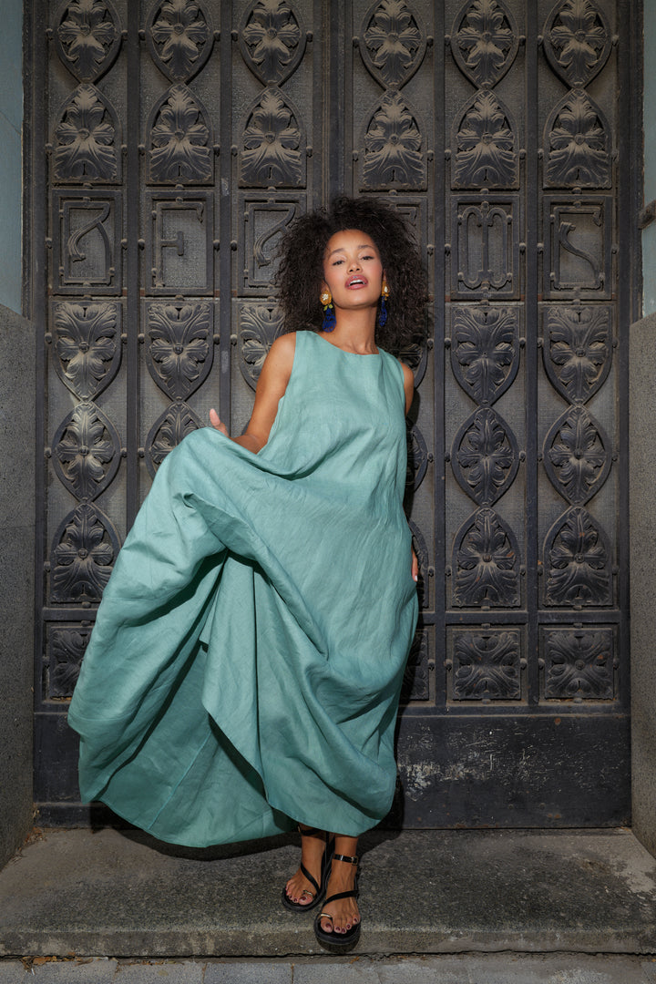 Green Tea Boho Linen Maxi Dress with Asymmetrical Drape