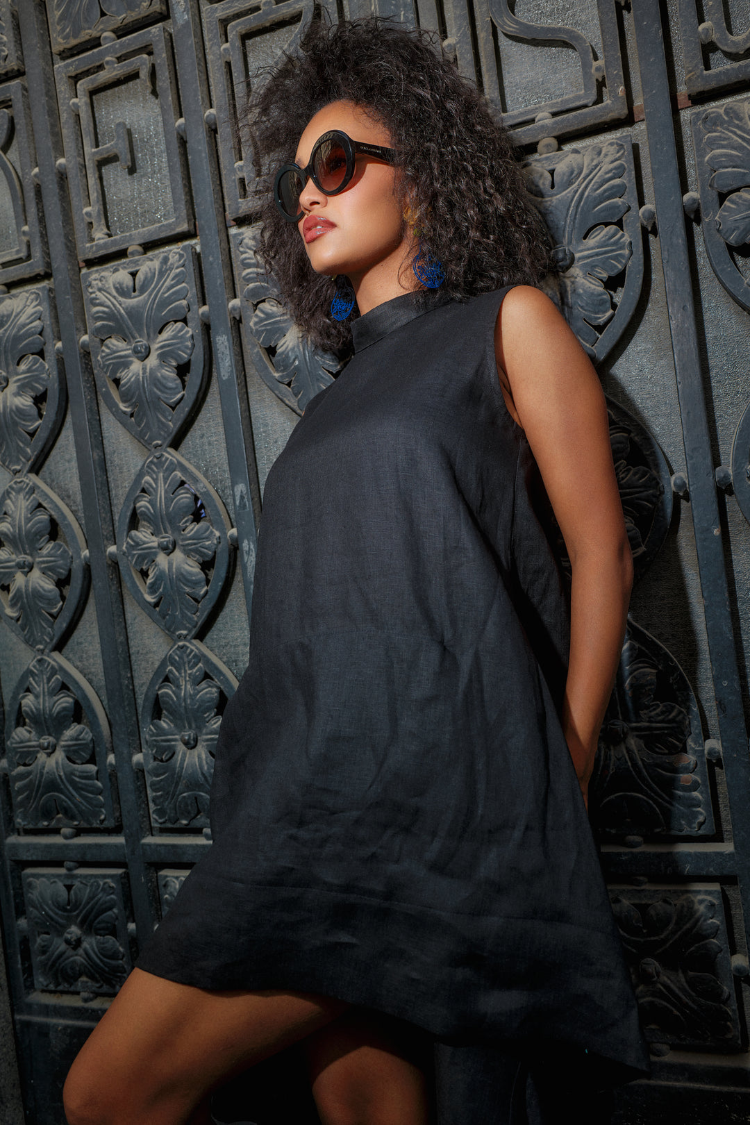 Black Summer Linen Kaftan Dress with Asymmetrical Cut