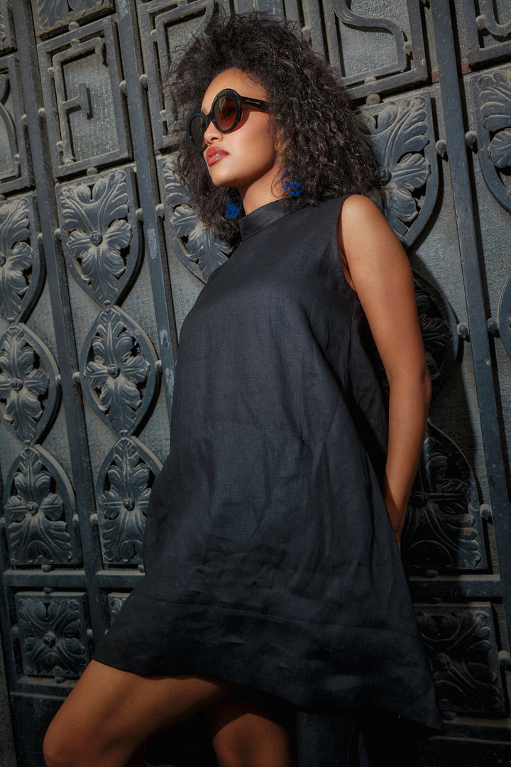 Black Summer Linen Kaftan Dress with Asymmetrical Cut