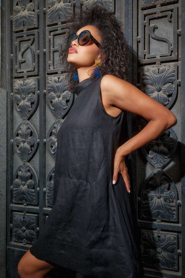 Black Summer Linen Kaftan Dress with Asymmetrical Cut