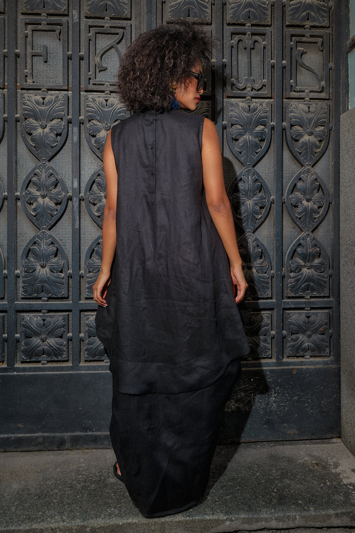 Black Summer Linen Kaftan Dress with Asymmetrical Cut