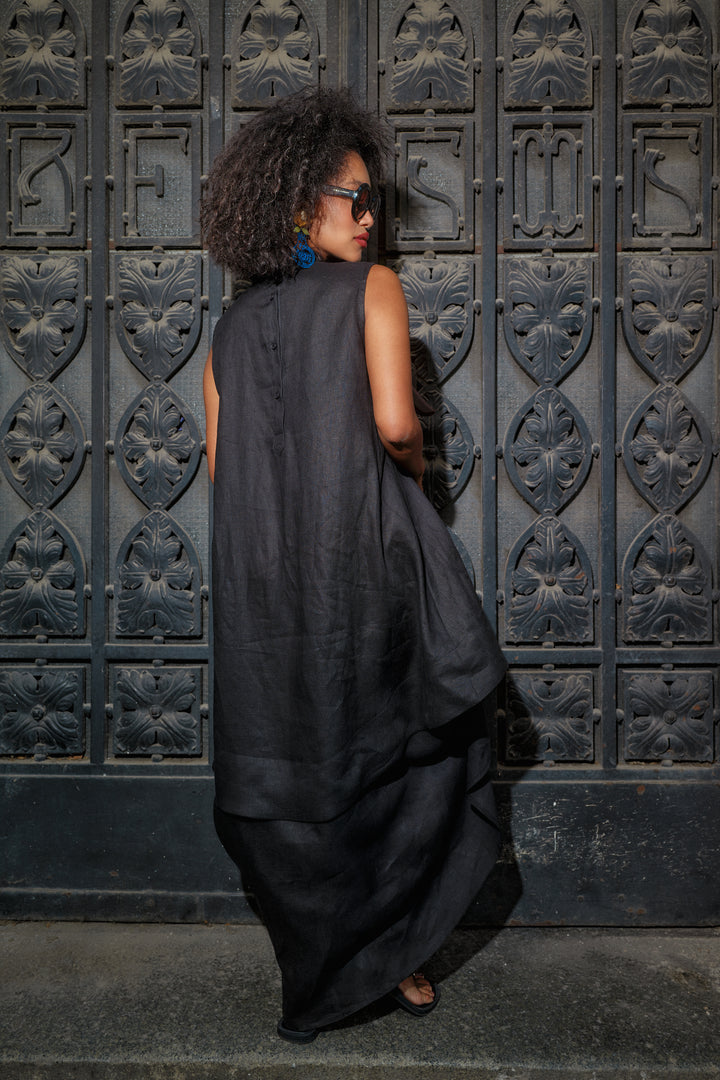 Black Summer Linen Kaftan Dress with Asymmetrical Cut