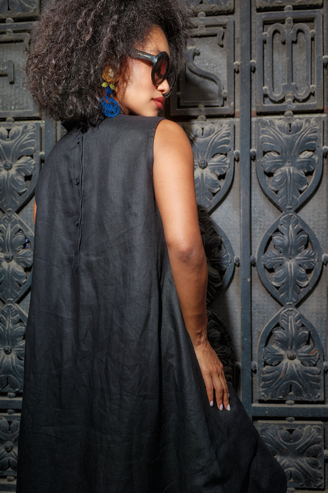 Black Summer Linen Kaftan Dress with Asymmetrical Cut