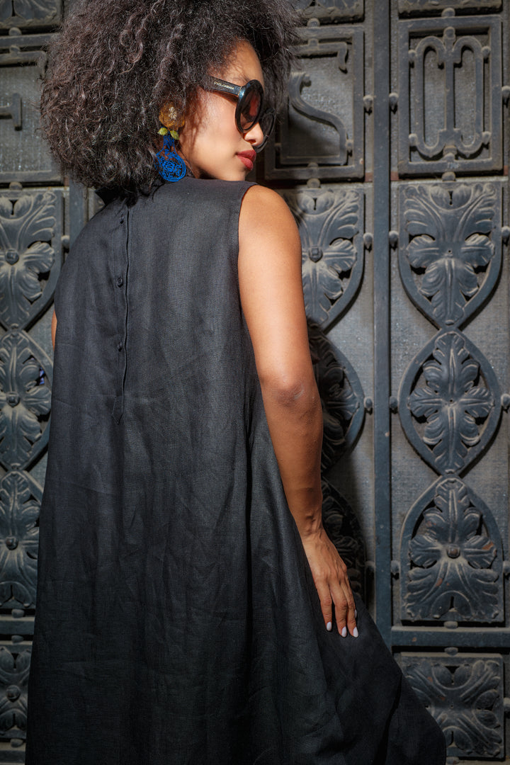 Black Summer Linen Kaftan Dress with Asymmetrical Cut