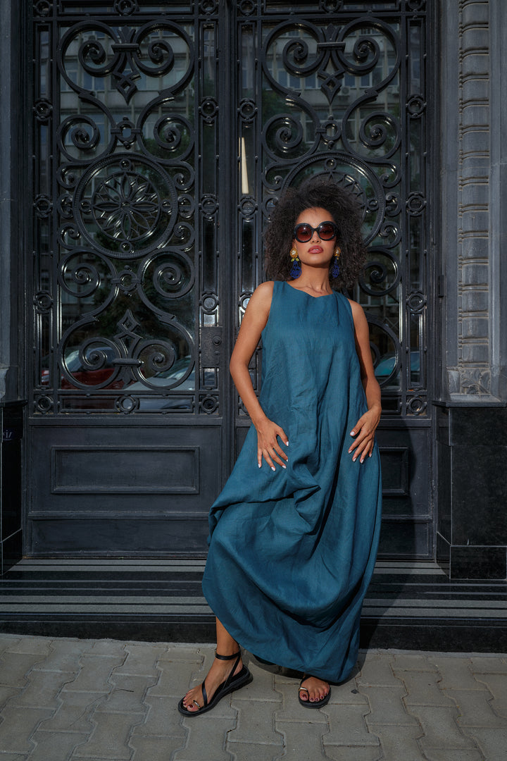Petroleum Blue Racerback Linen Maxi Dress