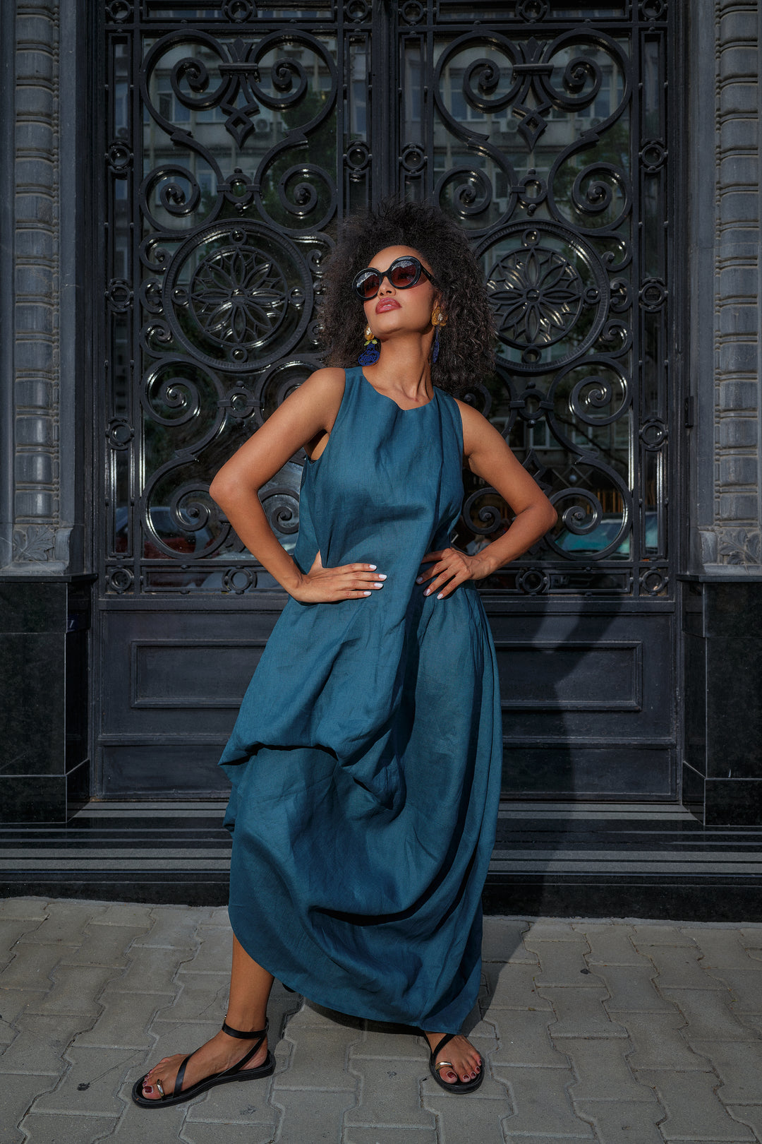 Petroleum Blue Racerback Linen Maxi Dress