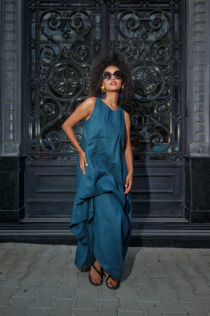 Petroleum Blue Racerback Linen Maxi Dress