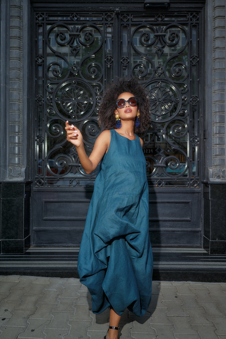 Petroleum Blue Racerback Linen Maxi Dress