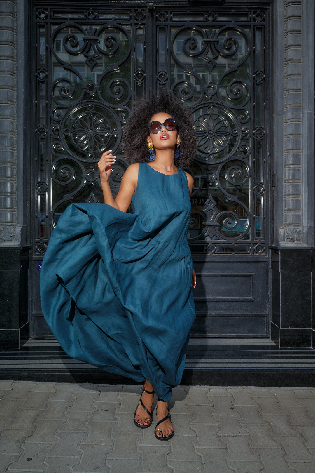 Petroleum Blue Racerback Linen Maxi Dress