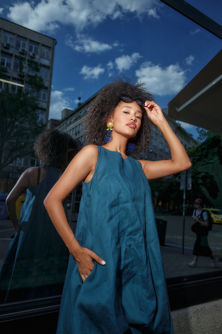 Petroleum Blue Racerback Linen Maxi Dress