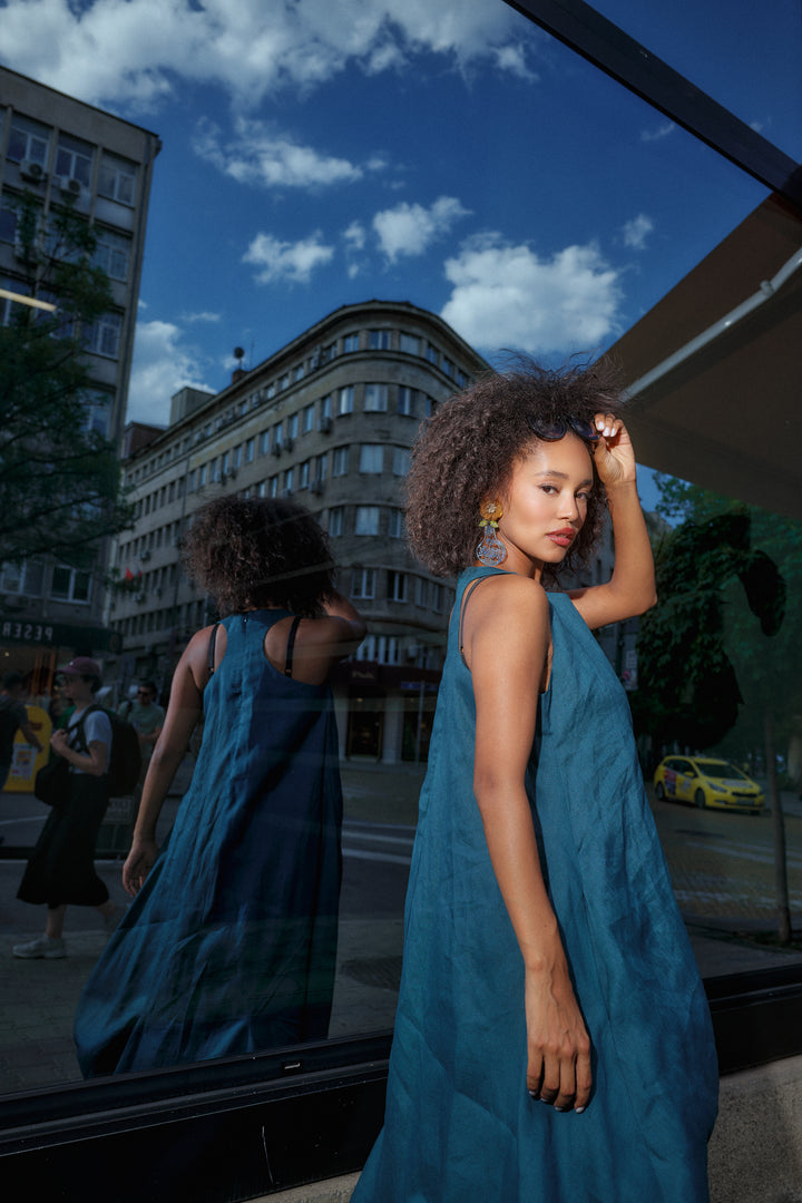 Petroleum Blue Racerback Linen Maxi Dress