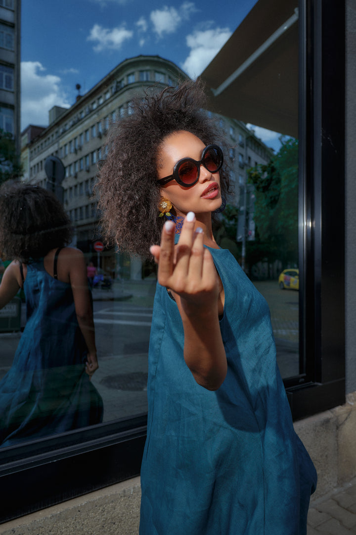 Petroleum Blue Racerback Linen Maxi Dress