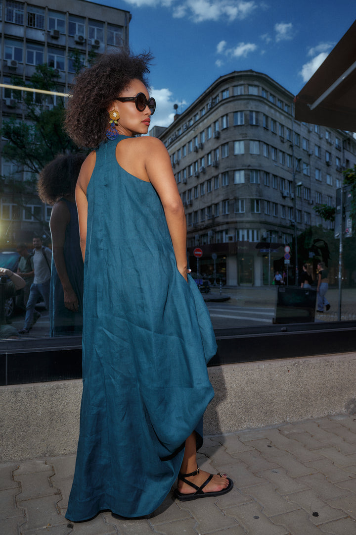 Petroleum Blue Racerback Linen Maxi Dress