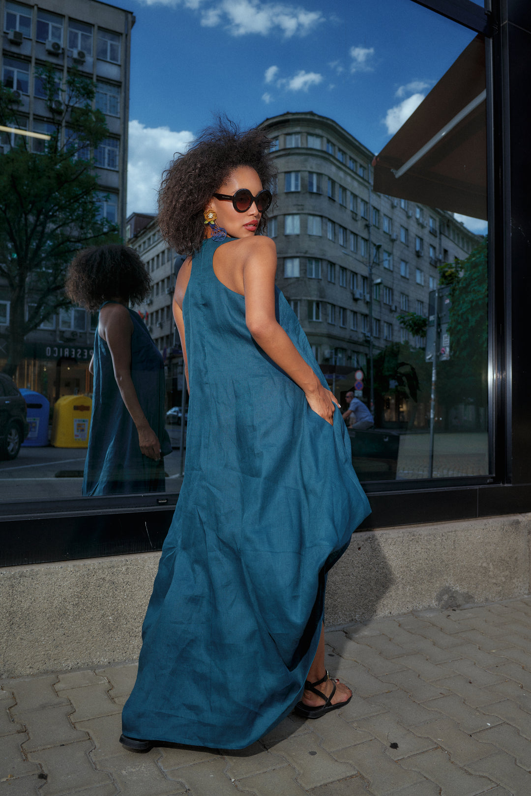 Petroleum Blue Racerback Linen Maxi Dress