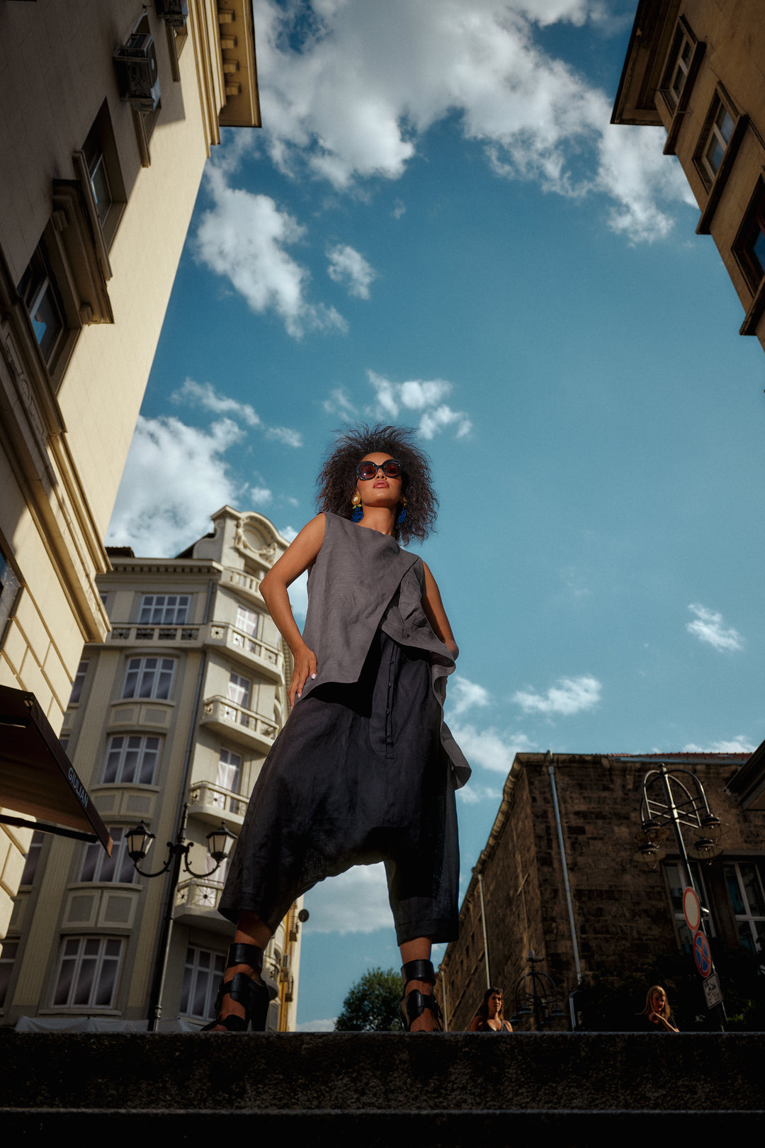 Minimalistic summer linen blouse with overlapping layers