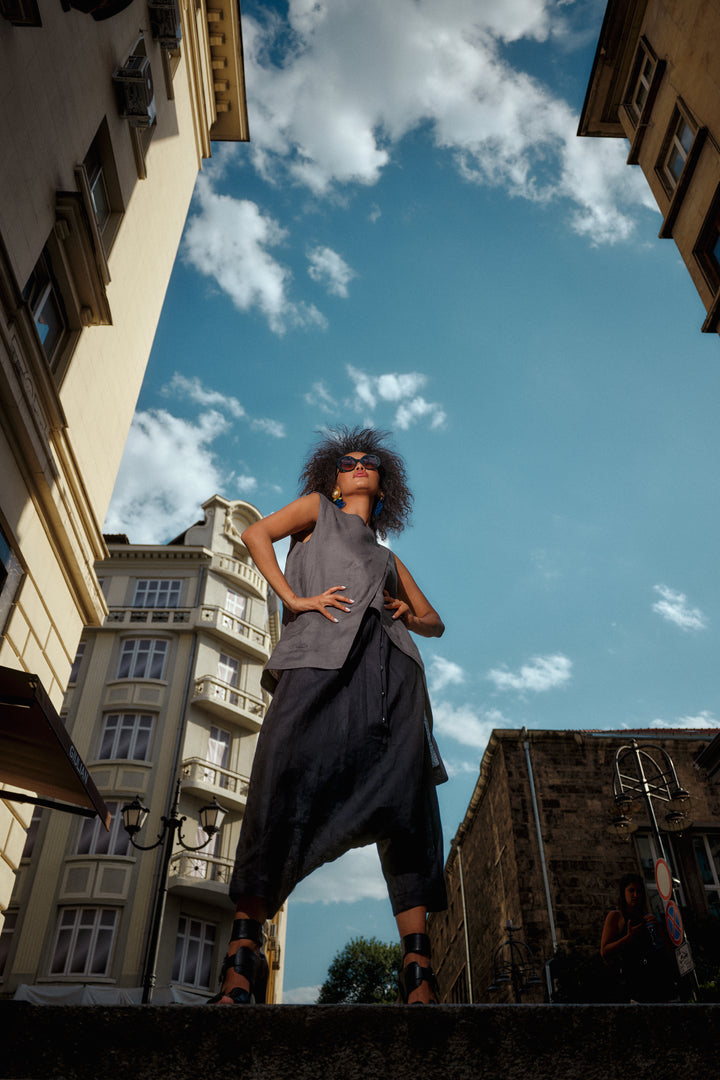 Minimalistic summer linen blouse with overlapping layers