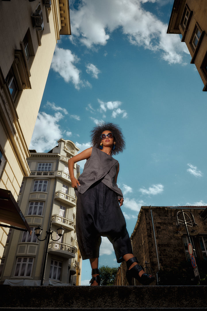 Minimalistic summer linen blouse with overlapping layers