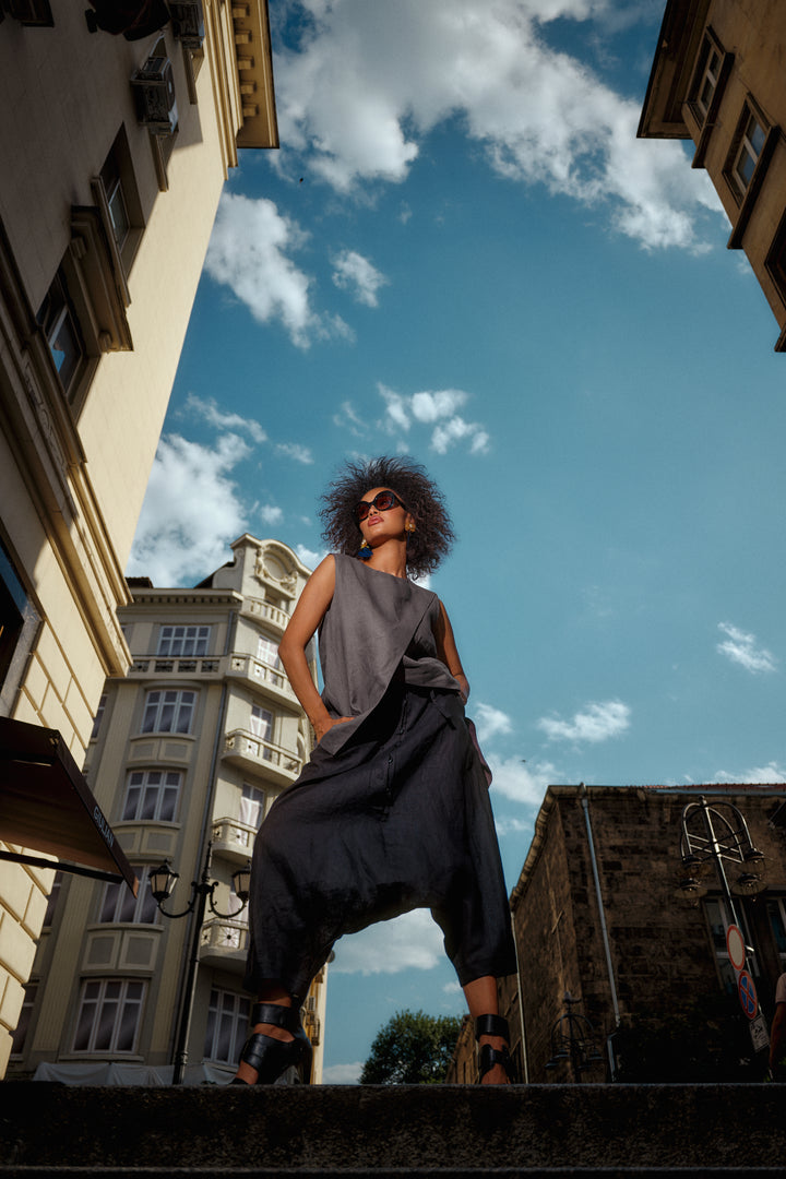 Minimalistic summer linen blouse with overlapping layers