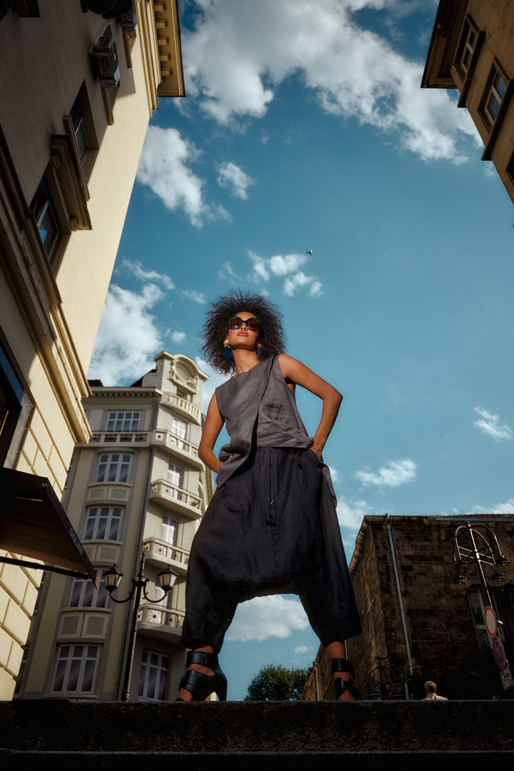 Black Avant-Garde Linen Harem Pants