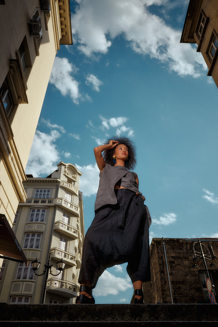 Black Avant-Garde Linen Harem Pants