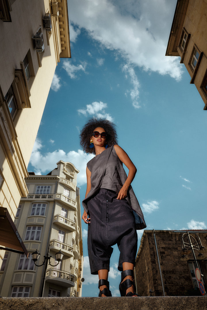 Black Avant-Garde Linen Harem Pants