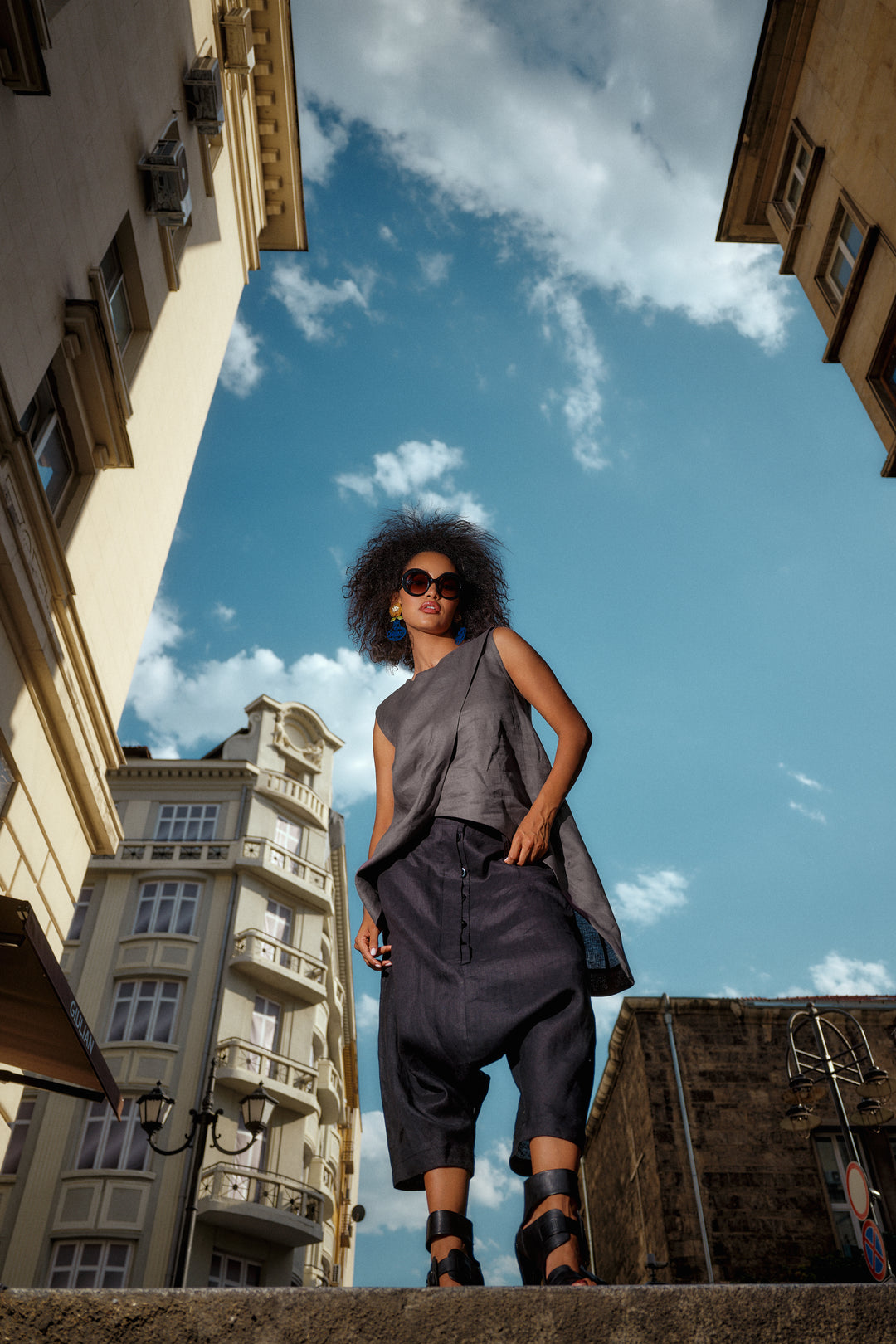 Minimalistic summer linen blouse with overlapping layers