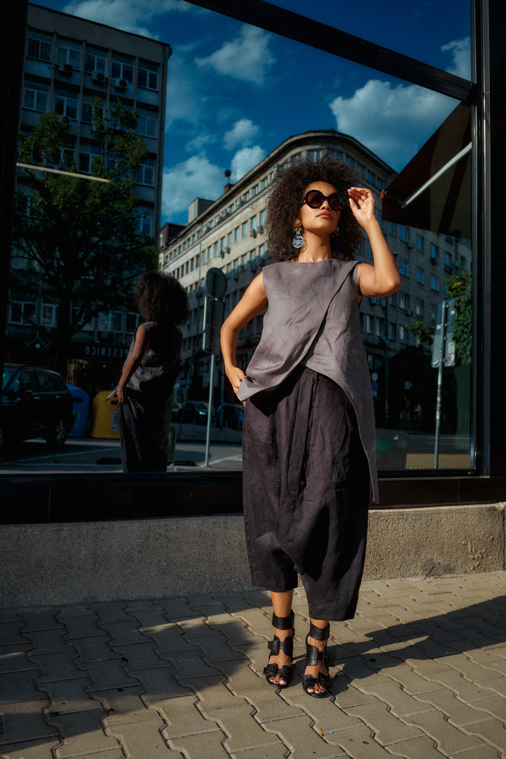 Minimalistic summer linen blouse with overlapping layers