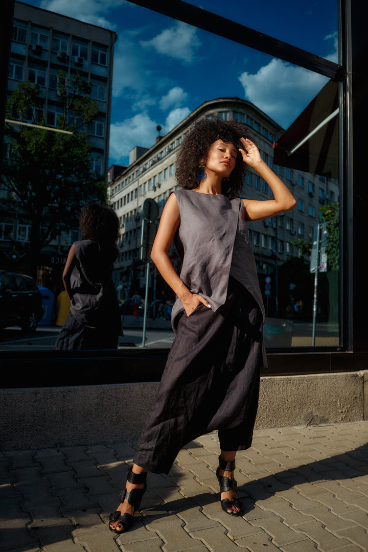 Black Avant-Garde Linen Harem Pants
