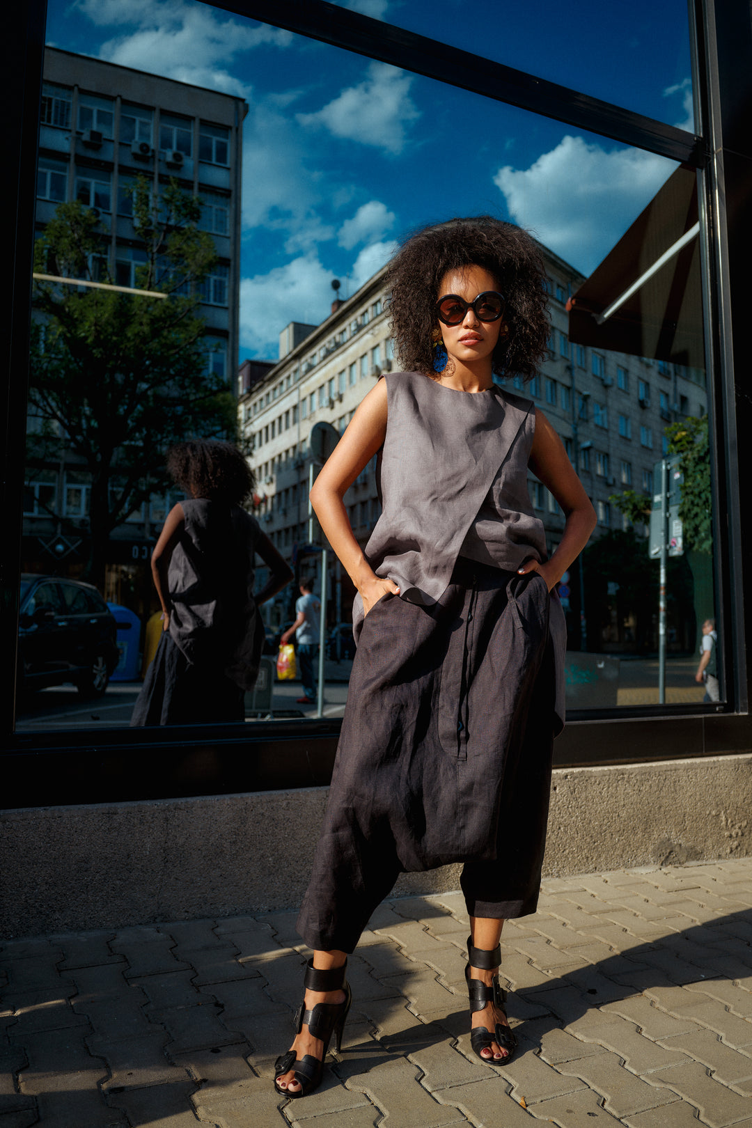 Minimalistic summer linen blouse with overlapping layers