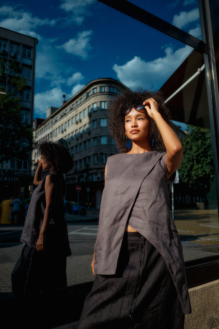 Minimalistic summer linen blouse with overlapping layers