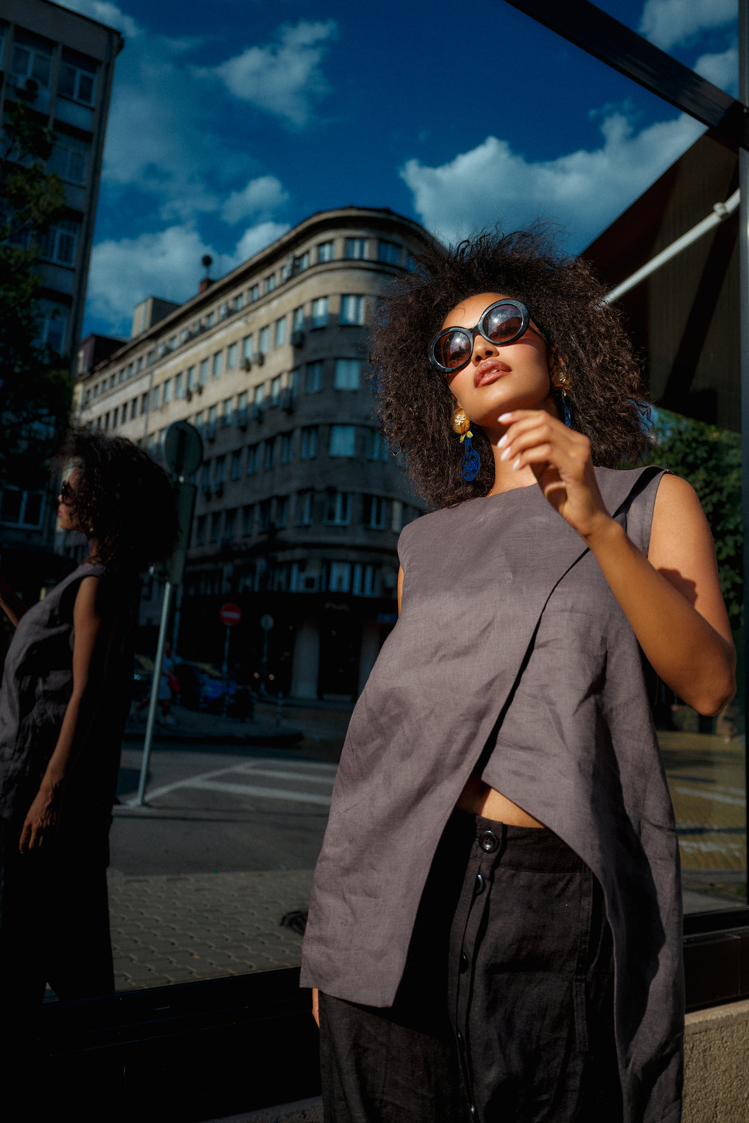 Minimalistic summer linen blouse with overlapping layers