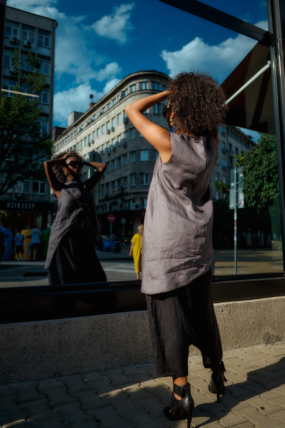 Minimalistic summer linen blouse with overlapping layers
