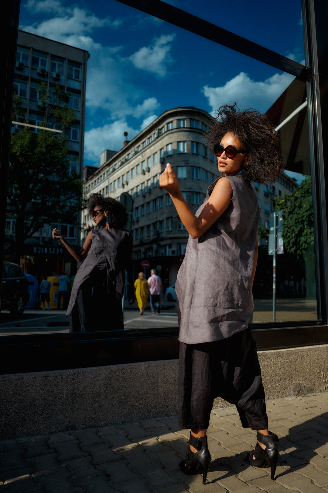 Minimalistic summer linen blouse with overlapping layers