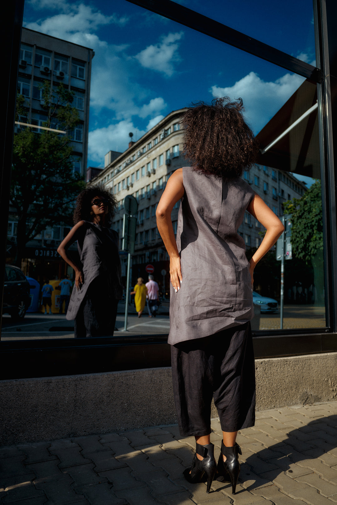Minimalistic summer linen blouse with overlapping layers