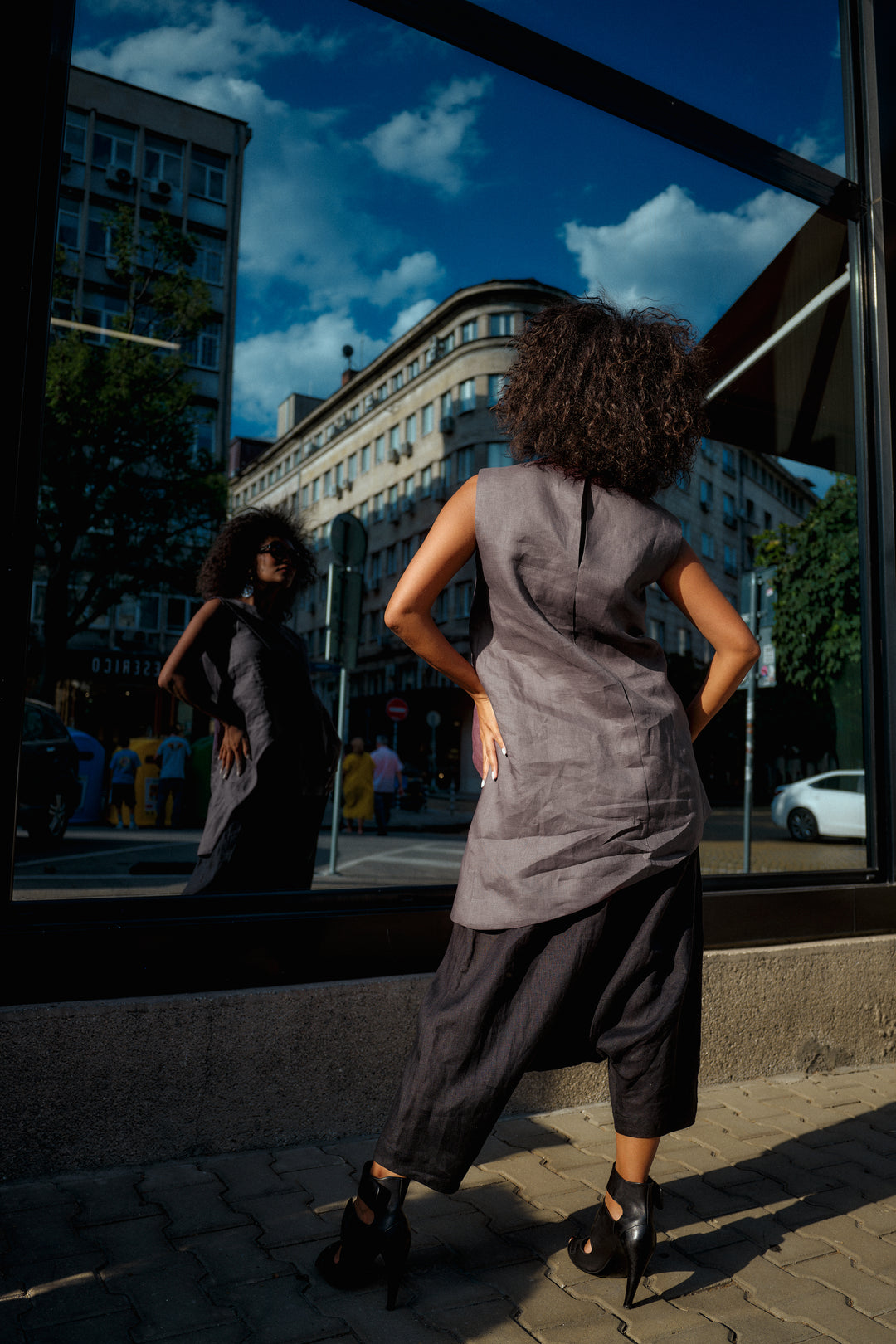 Minimalistic summer linen blouse with overlapping layers