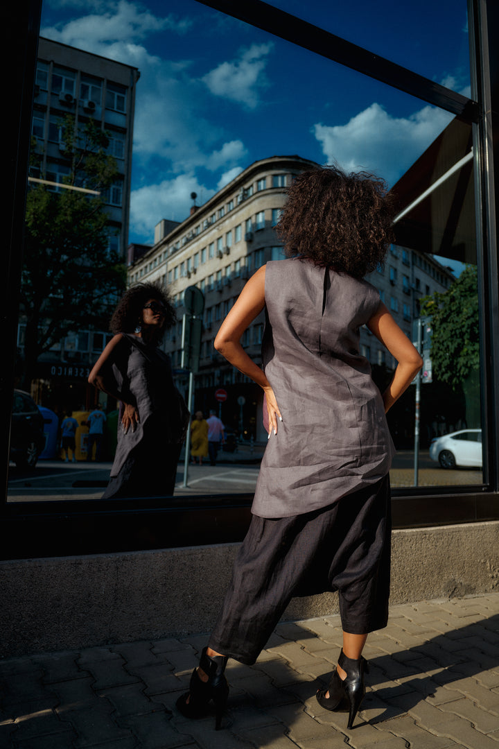 Minimalistic summer linen blouse with overlapping layers