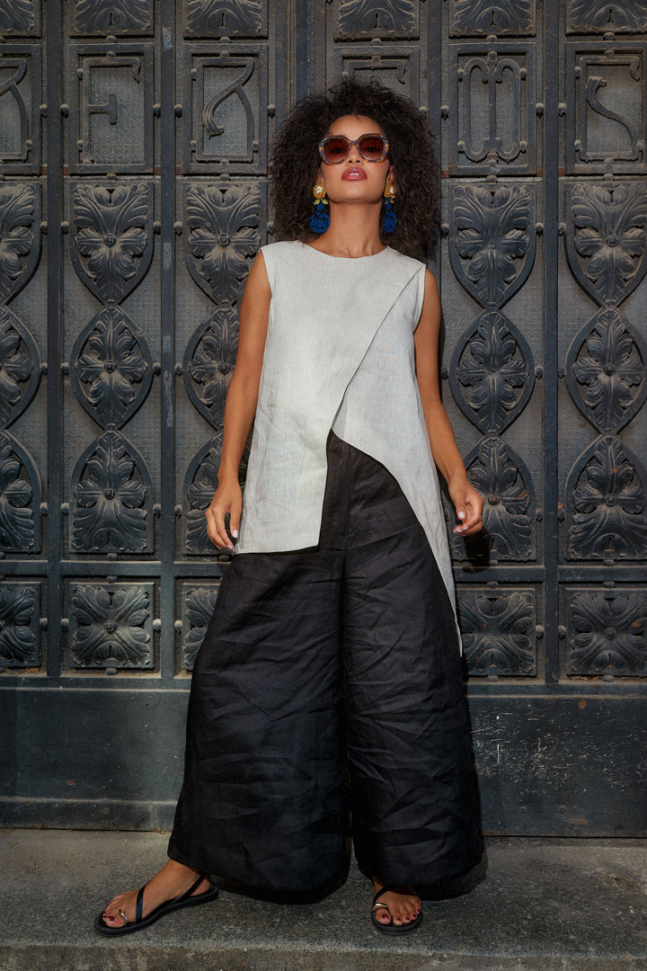 Asymmetrical linen top in light beige