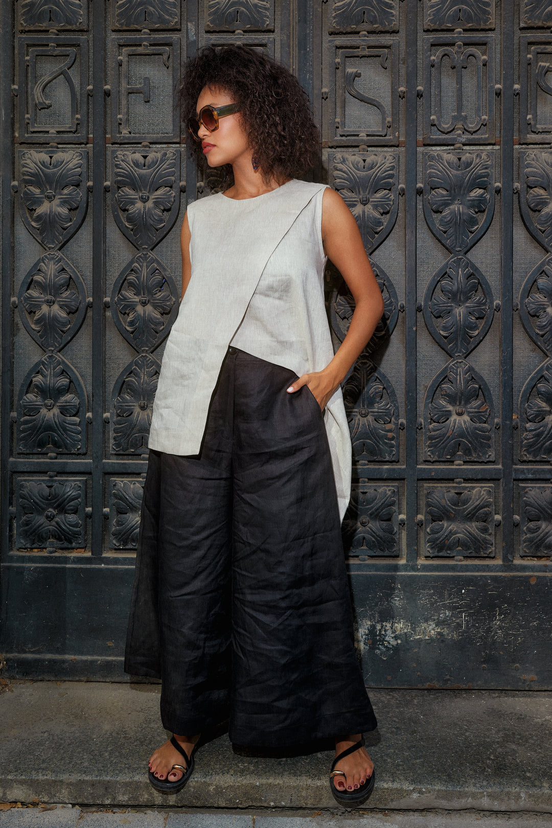 Asymmetrical linen top in light beige