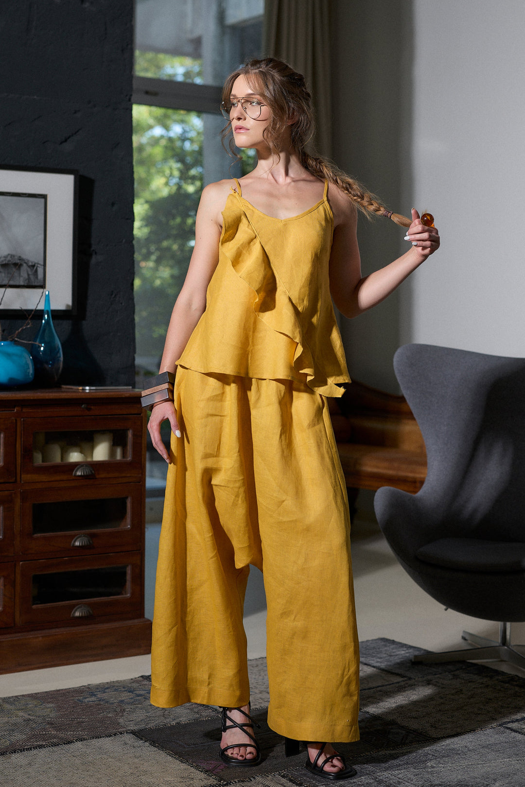 Linen harem pants in mustard