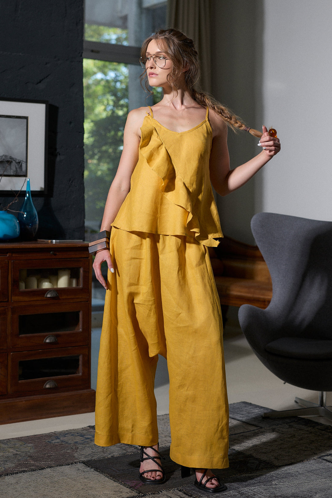 Woman's Linen Camisole Top with Ruffle